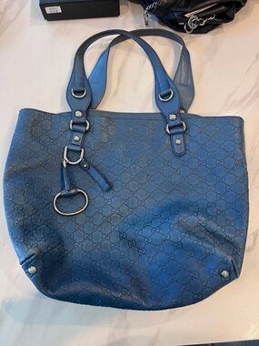 Gucci Blue Logo-Embossed Leather Tote with Silver Hardware
